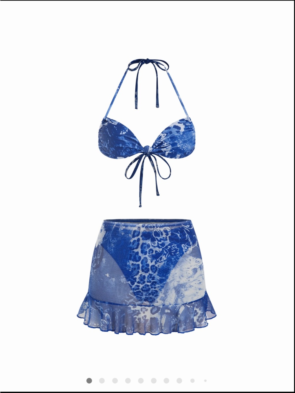 Cider Blue Patterned Halter Bikini Top with Ruffled Swim Skirt